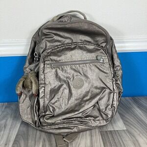Kipling Metallic Pewter Coated Nylon Large Backpack‎ EUC, $109